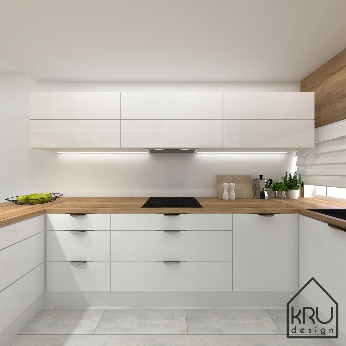 Современная белая кухня с деревянной столешницей
