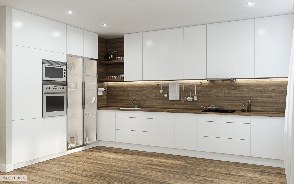 Современный кухонный гарнитур белый с деревом