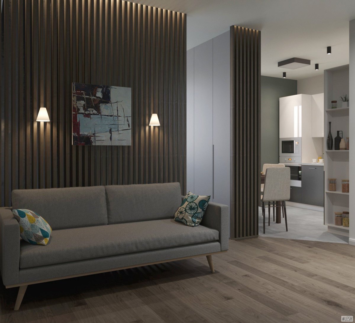 Рейки в интерьере гостиной