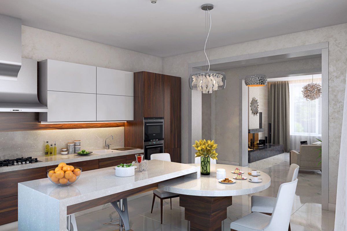 Серебристая кухня гостиная