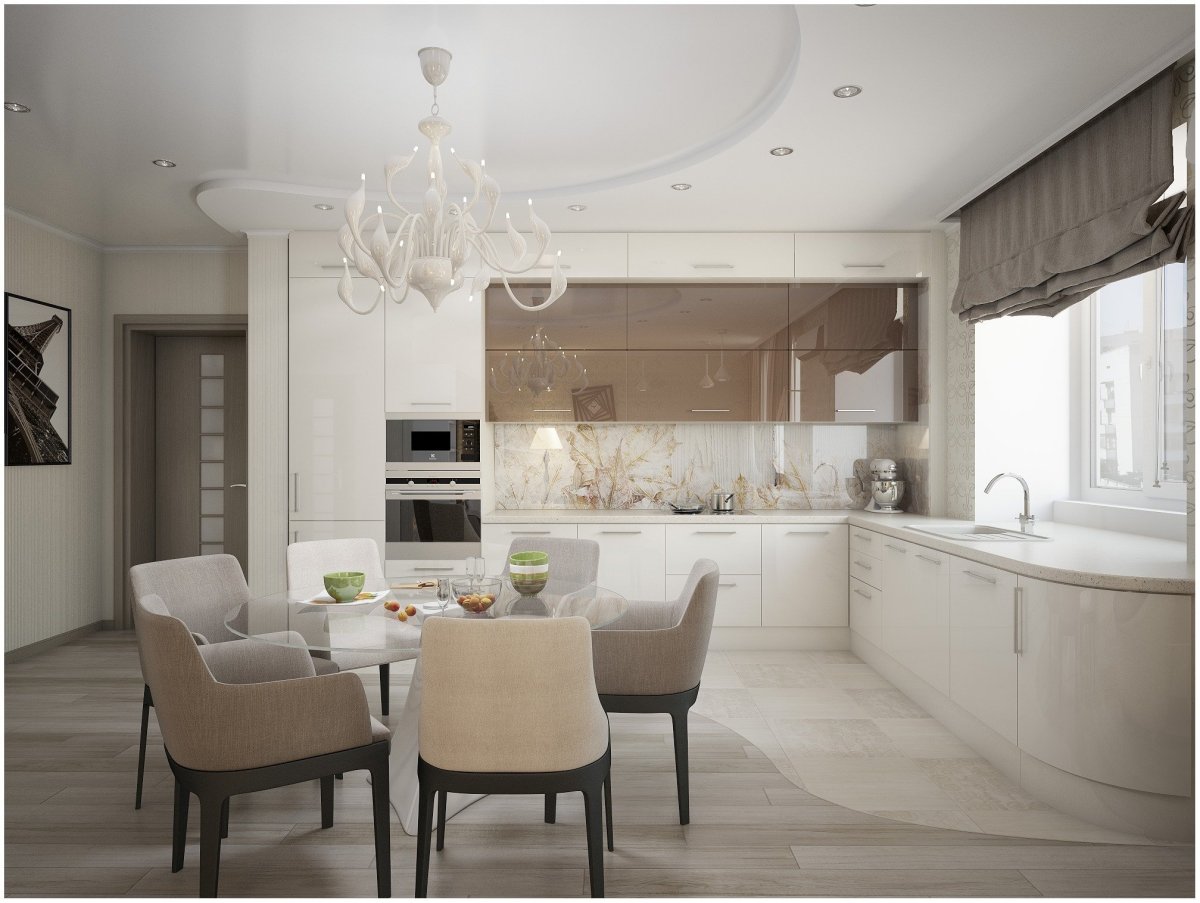 Совмещенная кухня-гостиная вытянутая