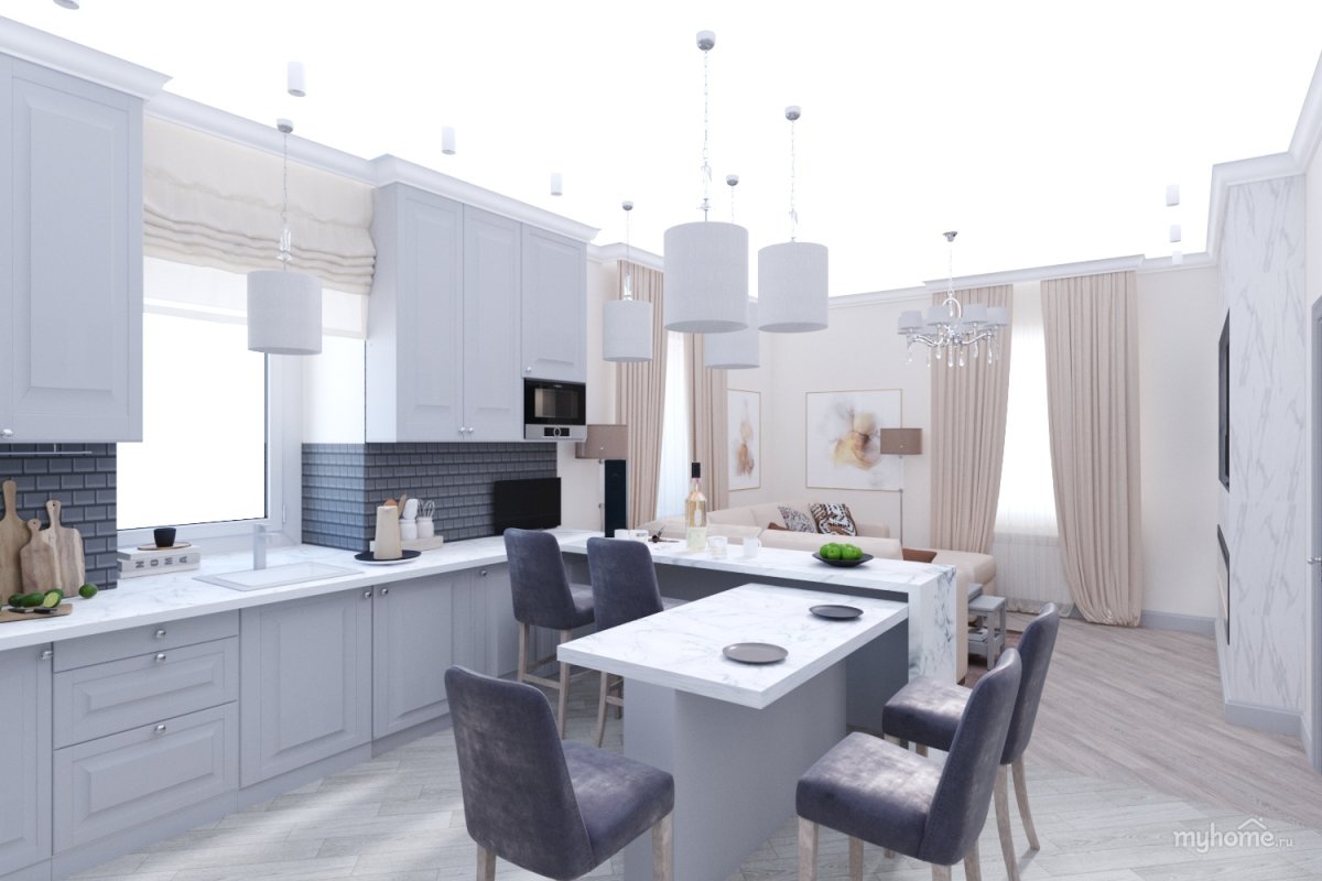 Белые гостиные с кухней