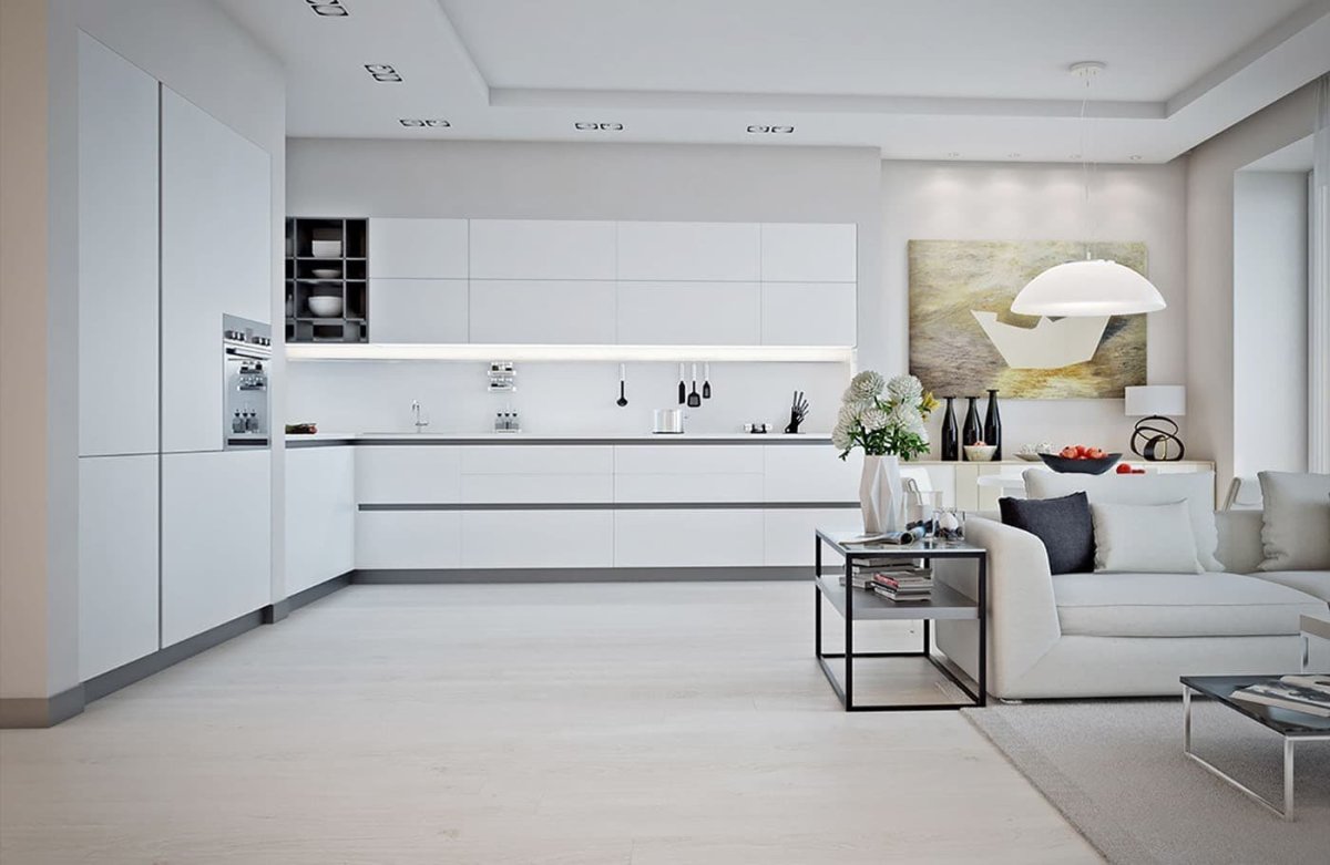 Дизайн кухни гостиной в современном стиле с матовым стеклом