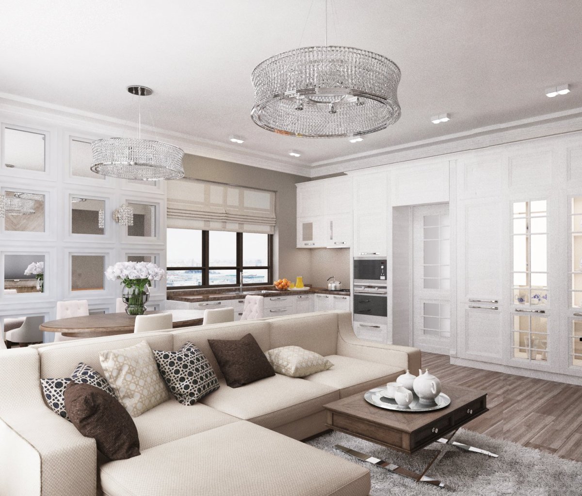 Белая кухня гостиная 27 м современная классика