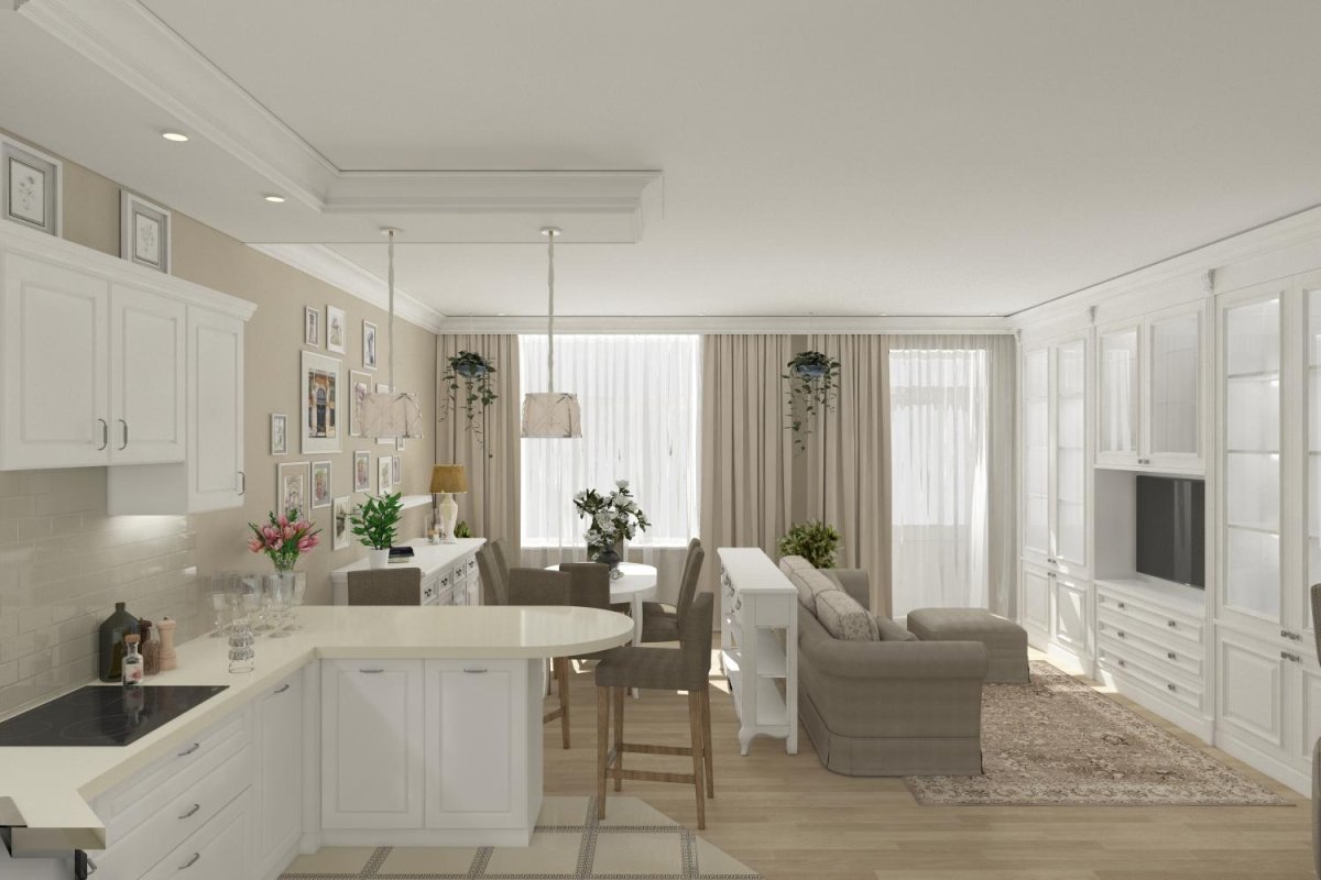 Белая кухня гостиная
