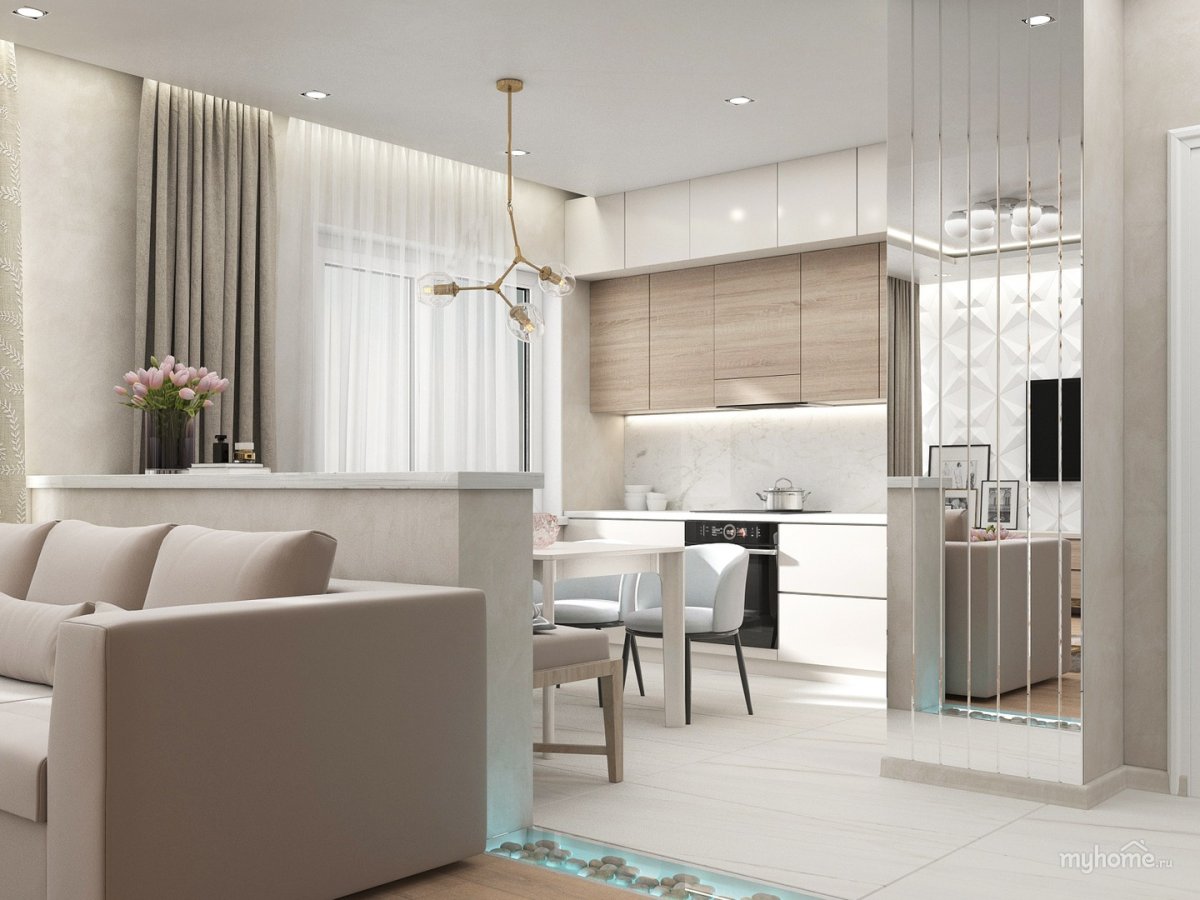 Дизайн кухни гостиной в современном стиле 50 км