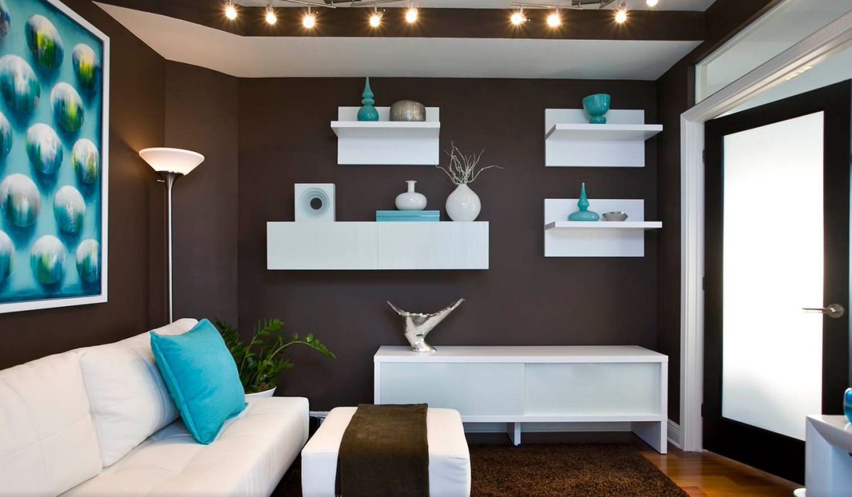 Гостиная в бежево бирюзовом цвете