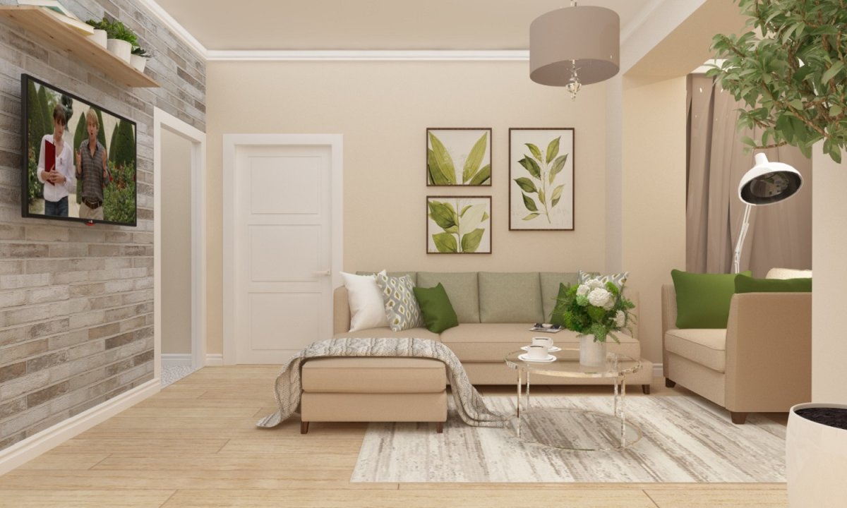 Светлая гостиная с зелеными акцентами