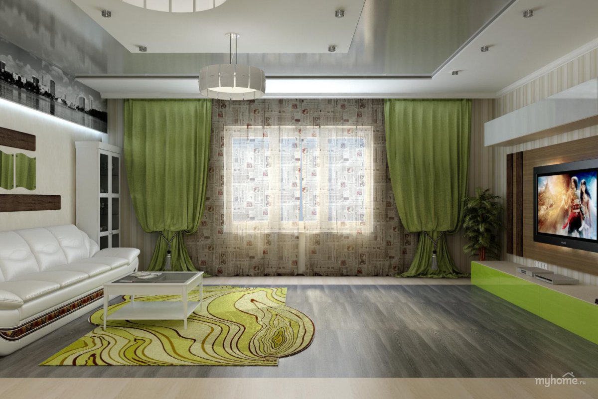 Интерьер гостиной в бежево-зеленых тонах