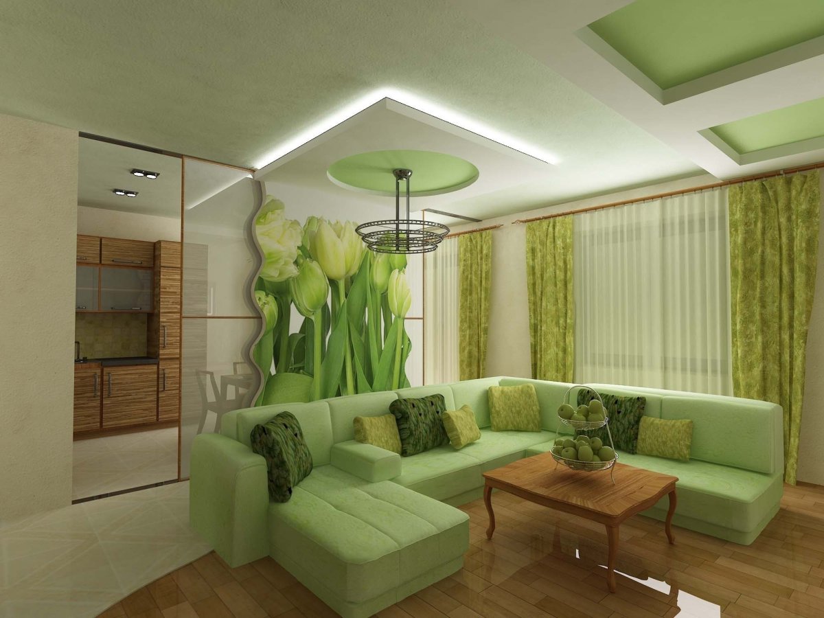 Гостиная в бежевых тонах с зелеными акцентами