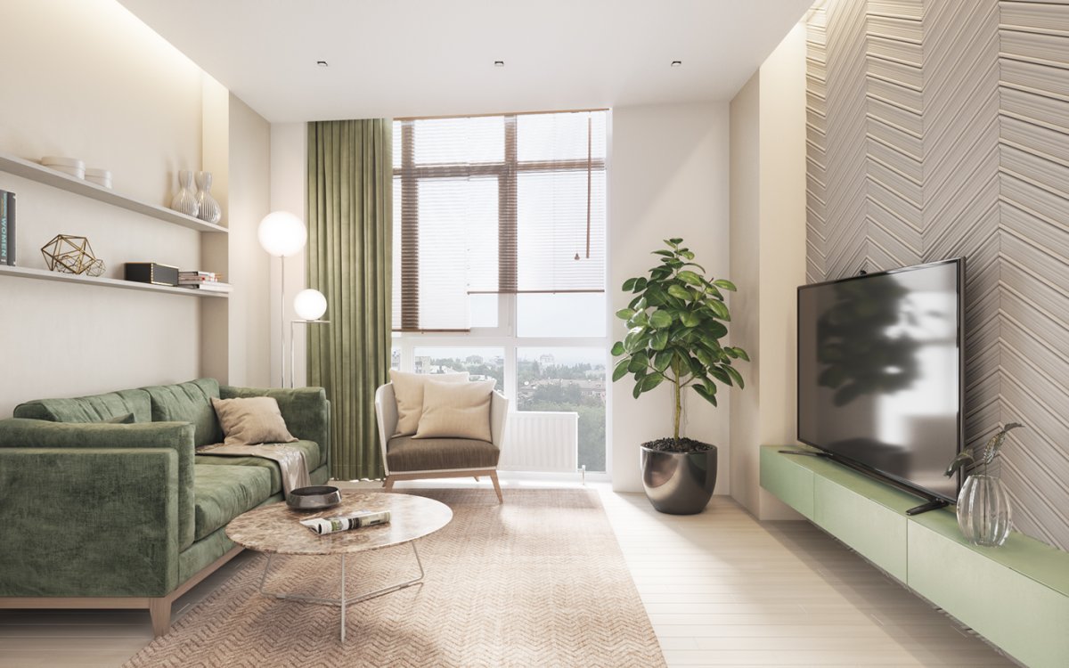 Зелёные шторы в интерьере гостиной