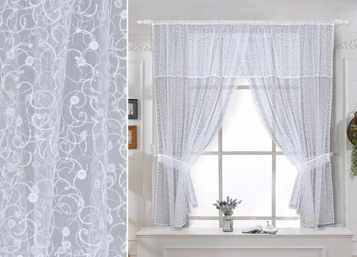 Комплект штор белая Сакура 75*180см/2шт тюль 140*170см/2шт с подхватами