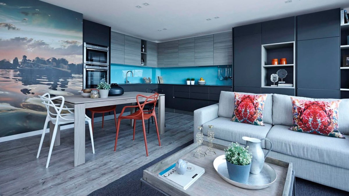 Бело синий интерьер