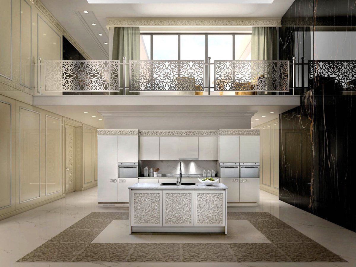 Островная черно белая кухня в стиле Модерн