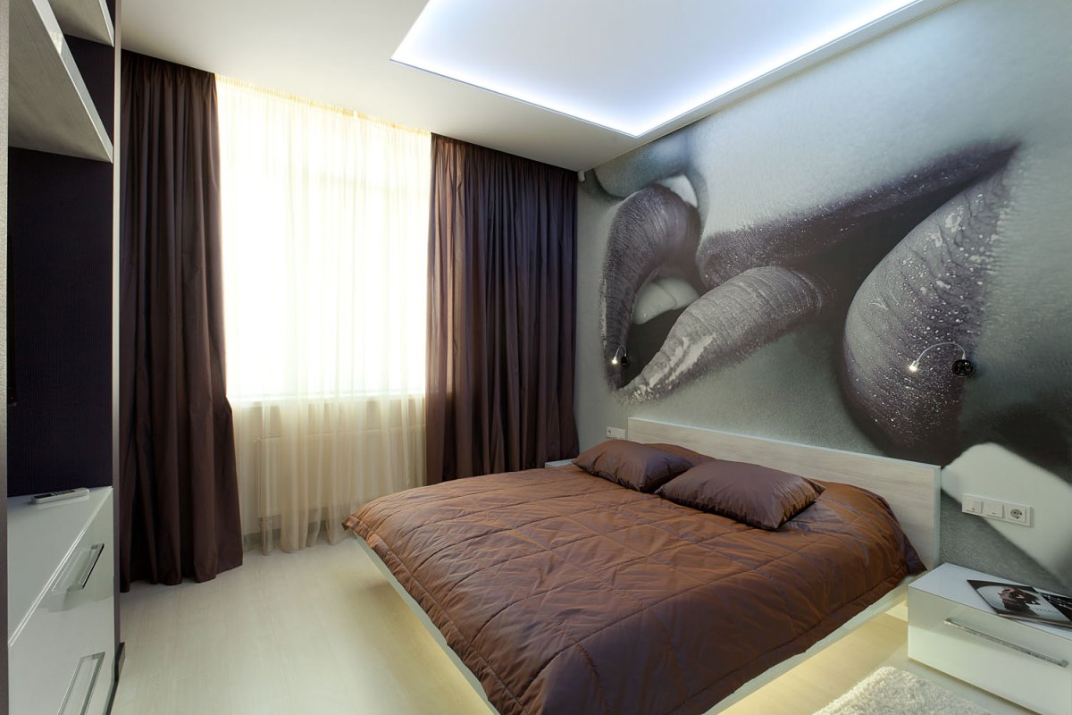 Интерьер спальни с фотообоями 18 кв.м