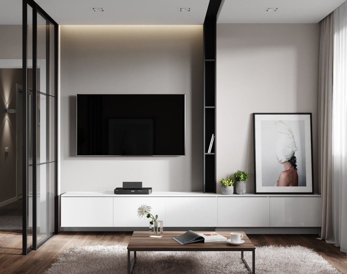 ТВ зона в маленькой гостиной в современном стиле