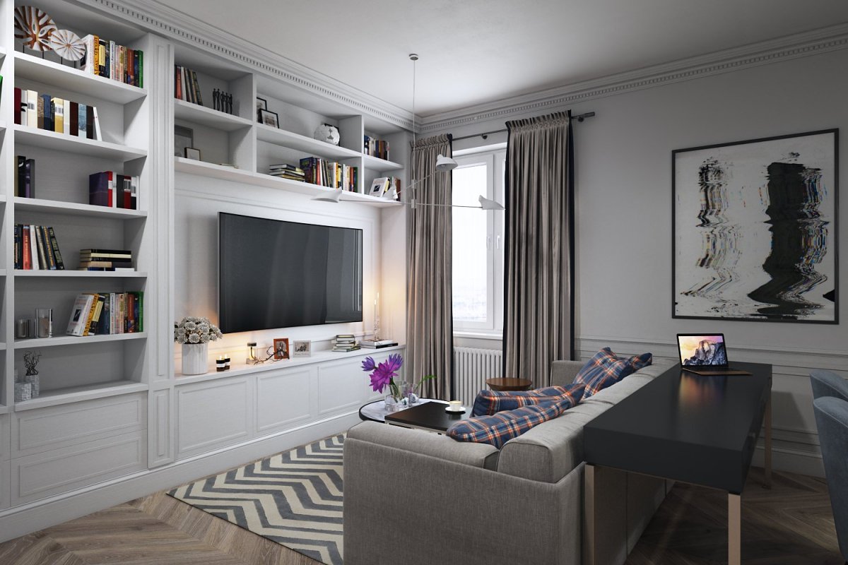 Телевизор около окна в интерьере