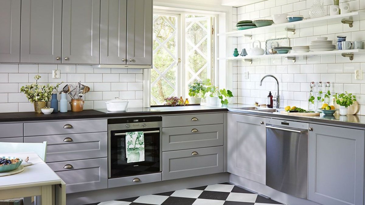 Скандинавия кухня серо-зеленая угловая