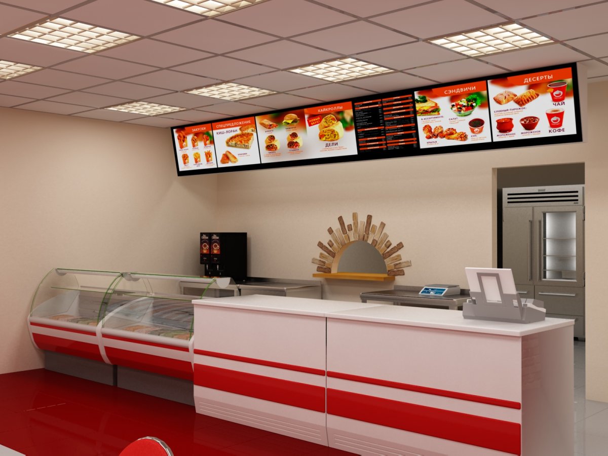 Интерьер кафе быстрого питания кирпичи