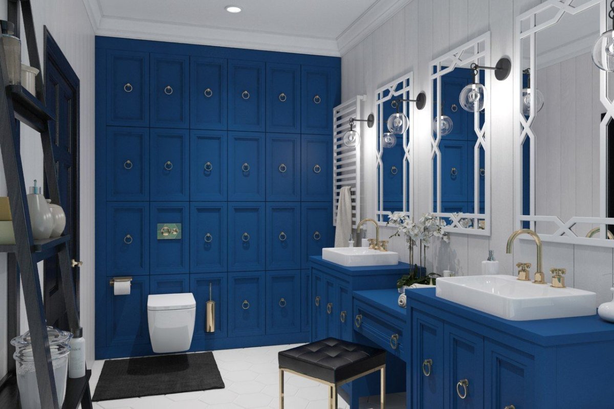 Синий шкаф в ванной