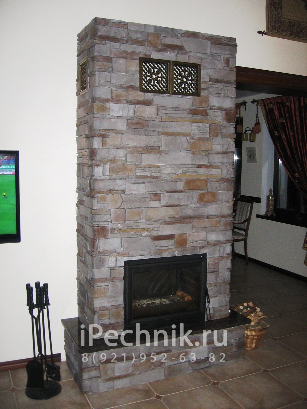 Камин отделанный плиткой под камень