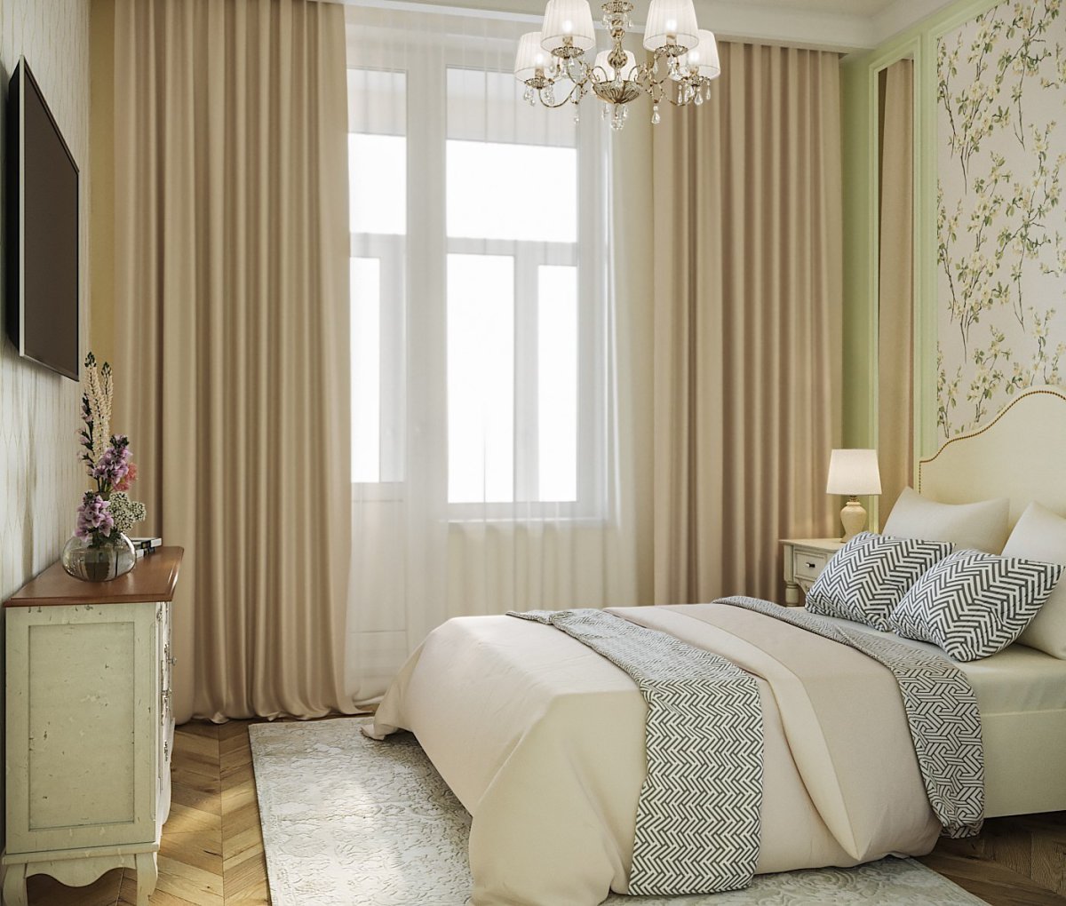 Фисташковые шторы для спальни