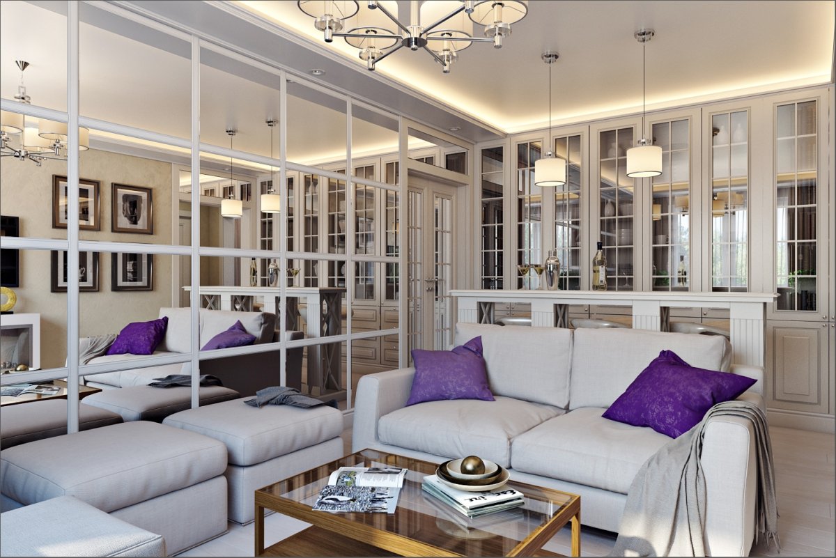 Гостиная с зеркальной стеной