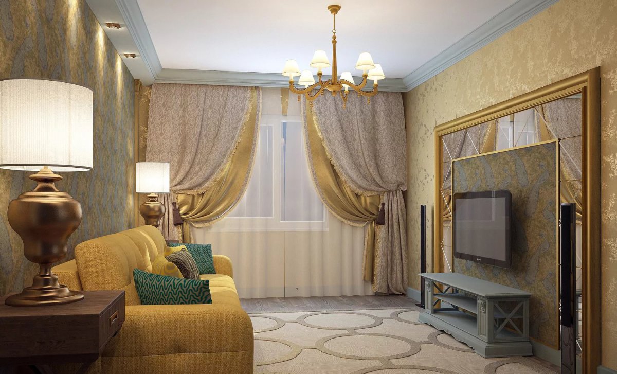 Интерьер спальни со шторами с вензелями