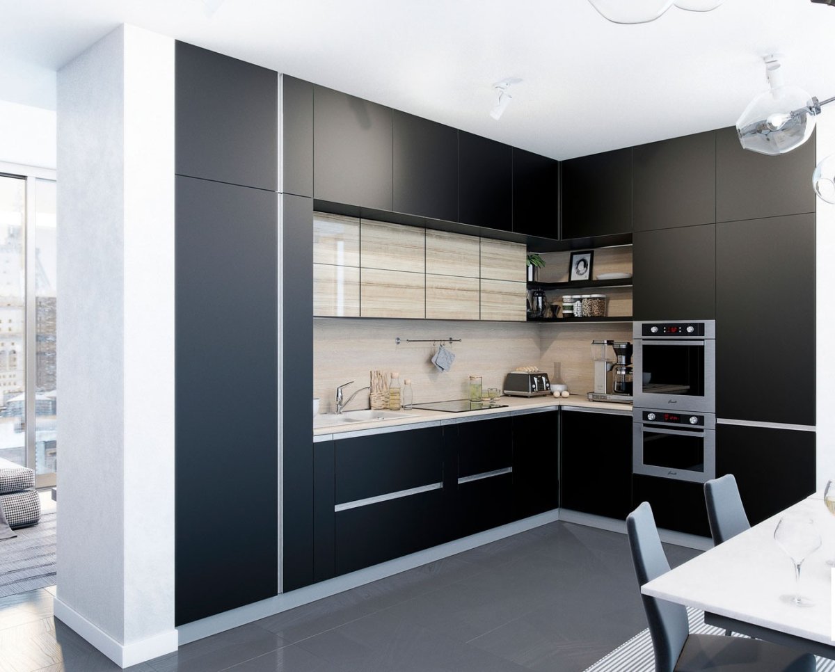 Белая угловая кухня с пеналом