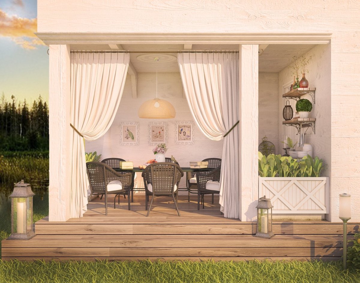 Беседка с занавесками у стены