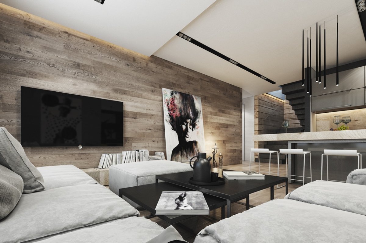 Бетон и дерево в интерьере гостиной