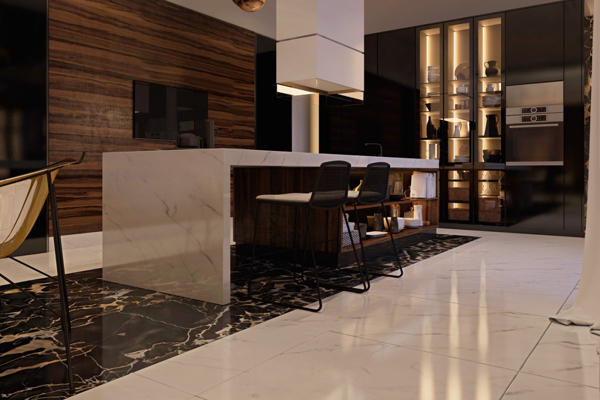 Кухня с мраморным полом в современном стиле