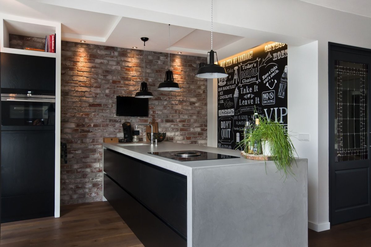 Кухня в стиле лофт серый кирпич
