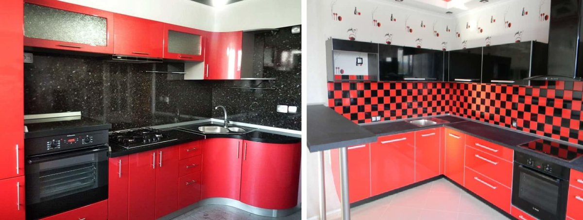 Красная кухня с черной столешницей