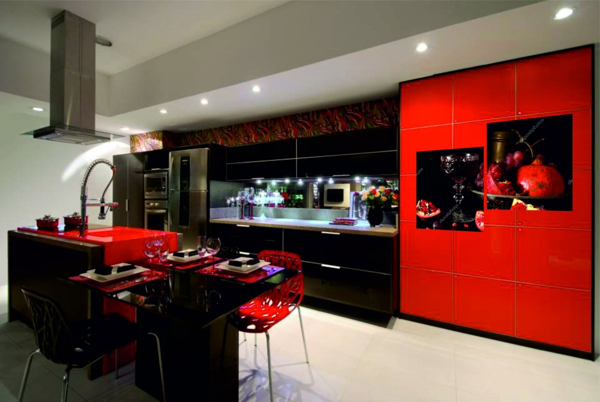 Красные стулья в интерьере кухни