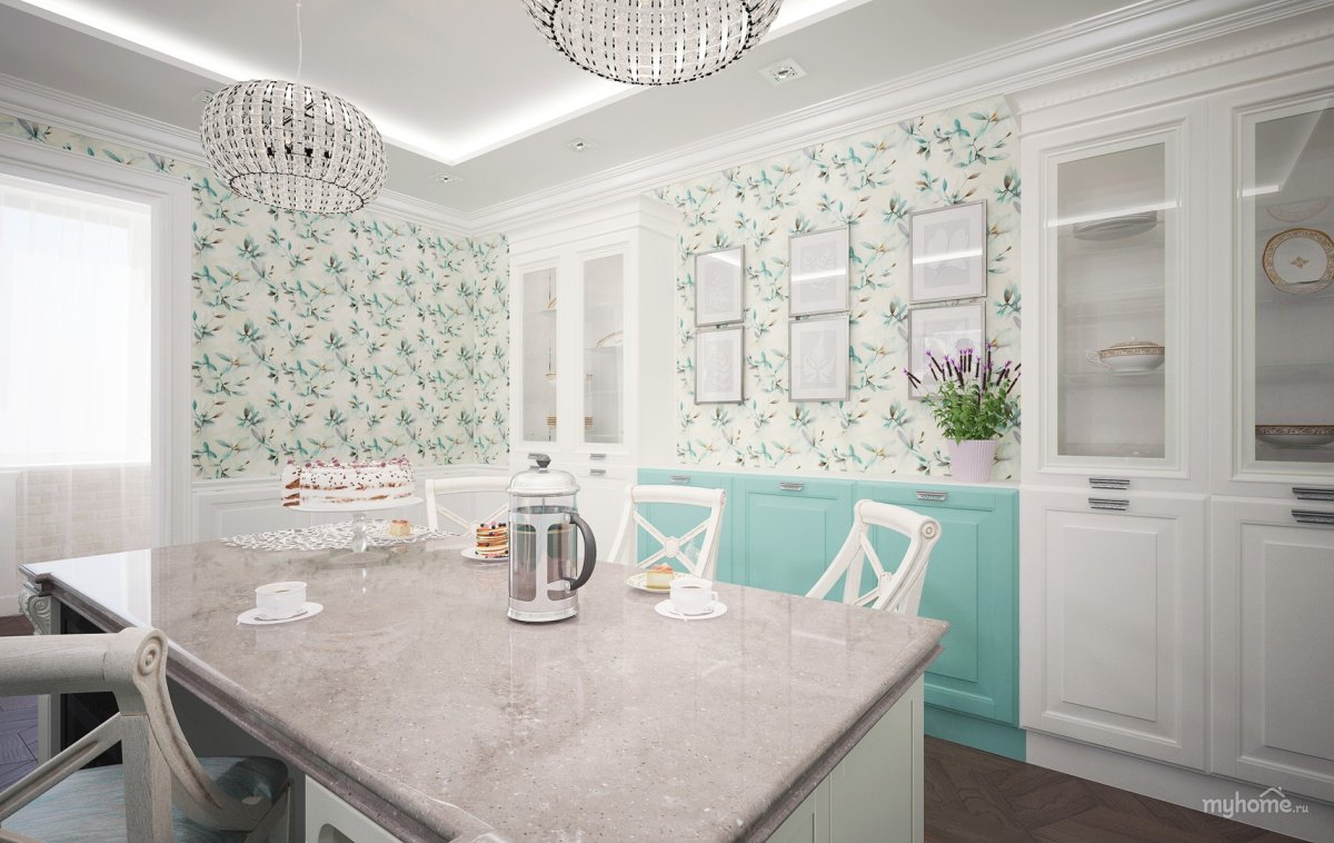Бирюзовый цвет стен на кухне