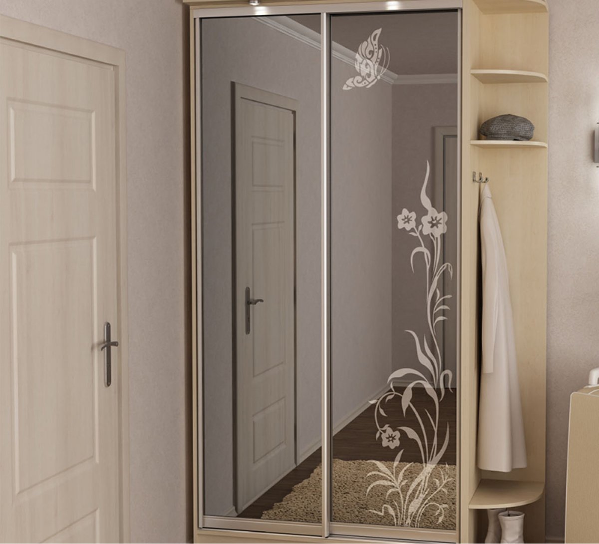 Темные двери и светлый шкаф в прихожей