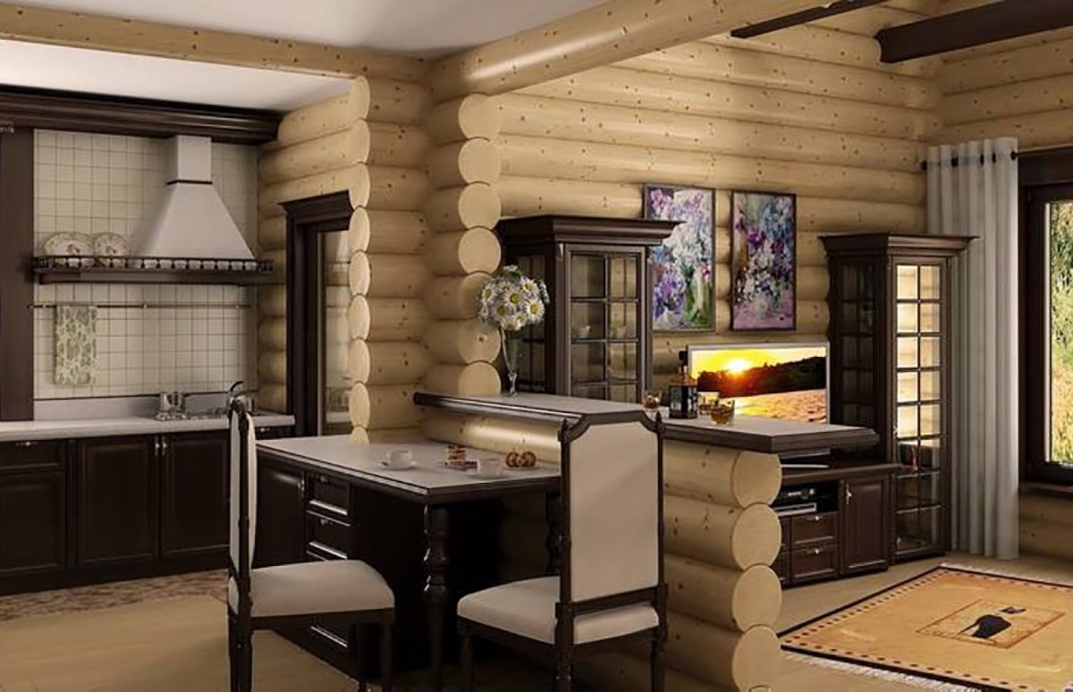 Кухня в русском стиле в деревянном доме