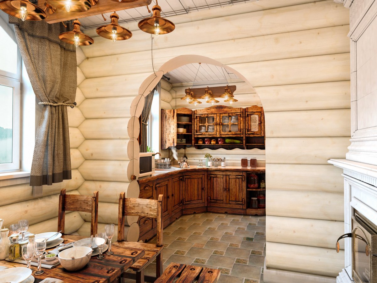 Интерьер кухни в деревянном доме из оцилиндрованного бревна