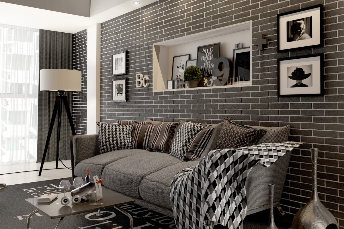 Серая кирпичная стена в интерьере