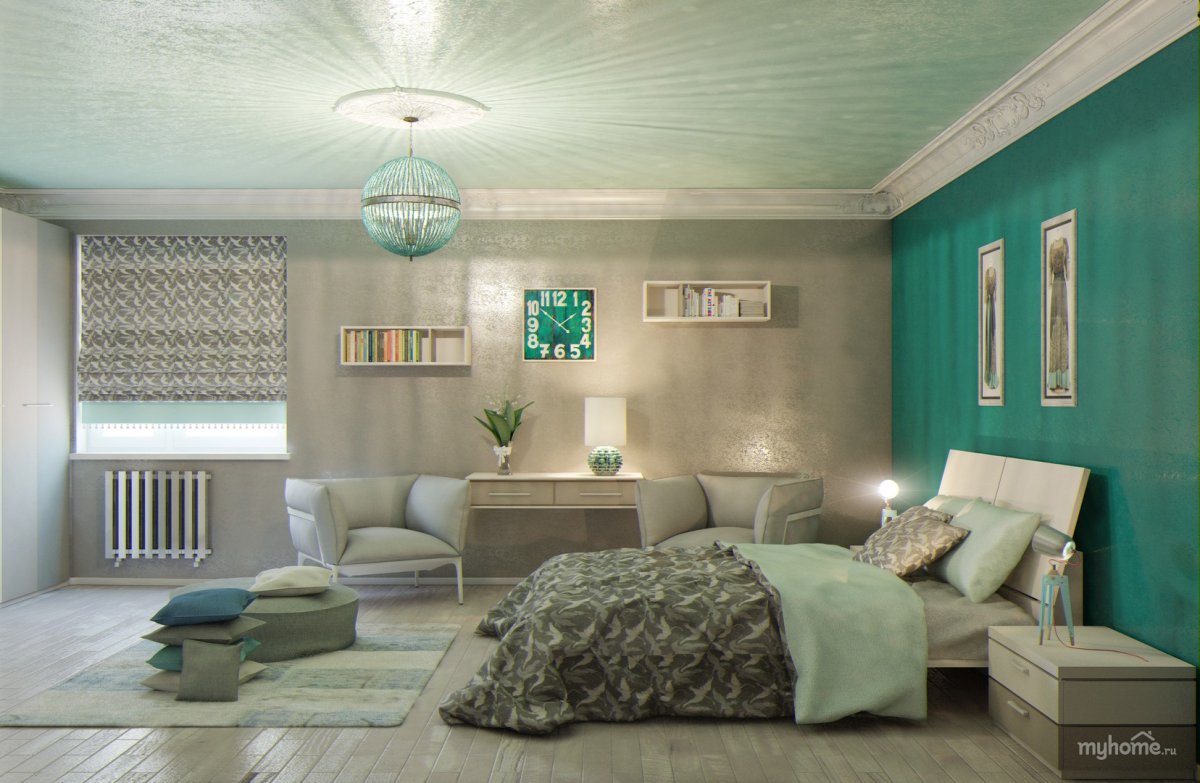 Спальня в цвете изумруд мята в стиле лофт
