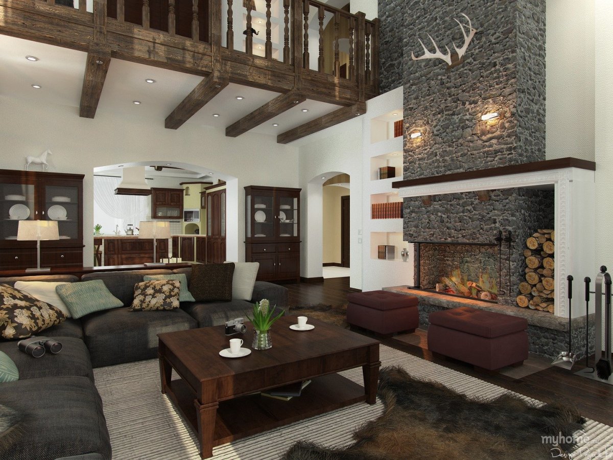 Камин в гостиной со вторым светом