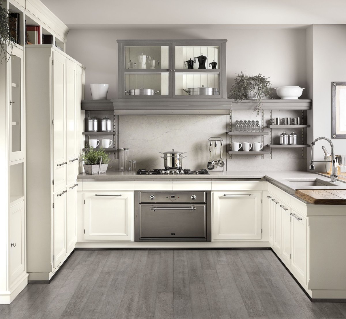 Кухня серо белая классика