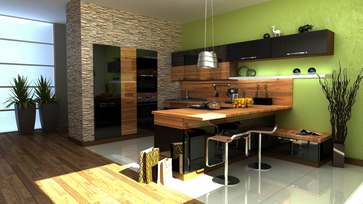 Кирпич и дерево в интерьере кухни