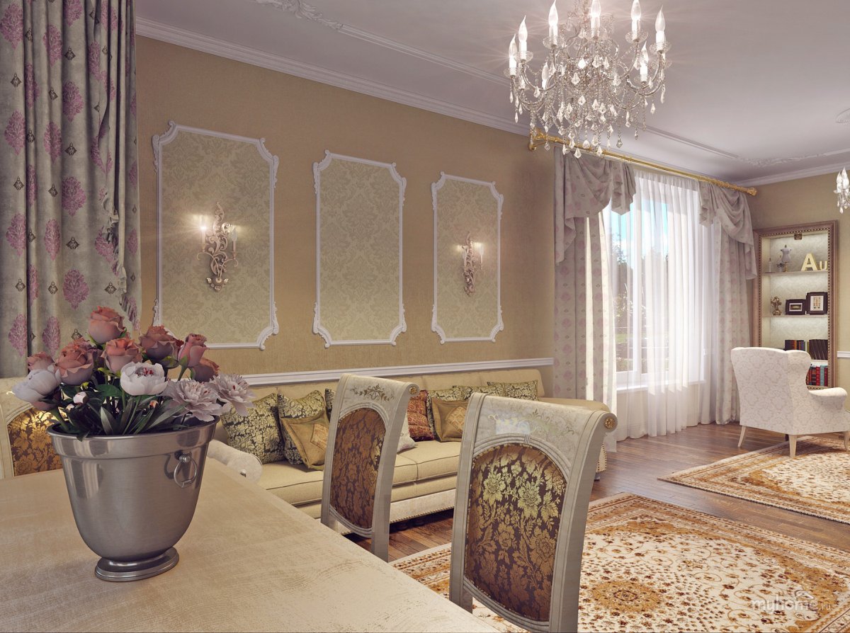 Гостиная в светлых тонах с молдингом