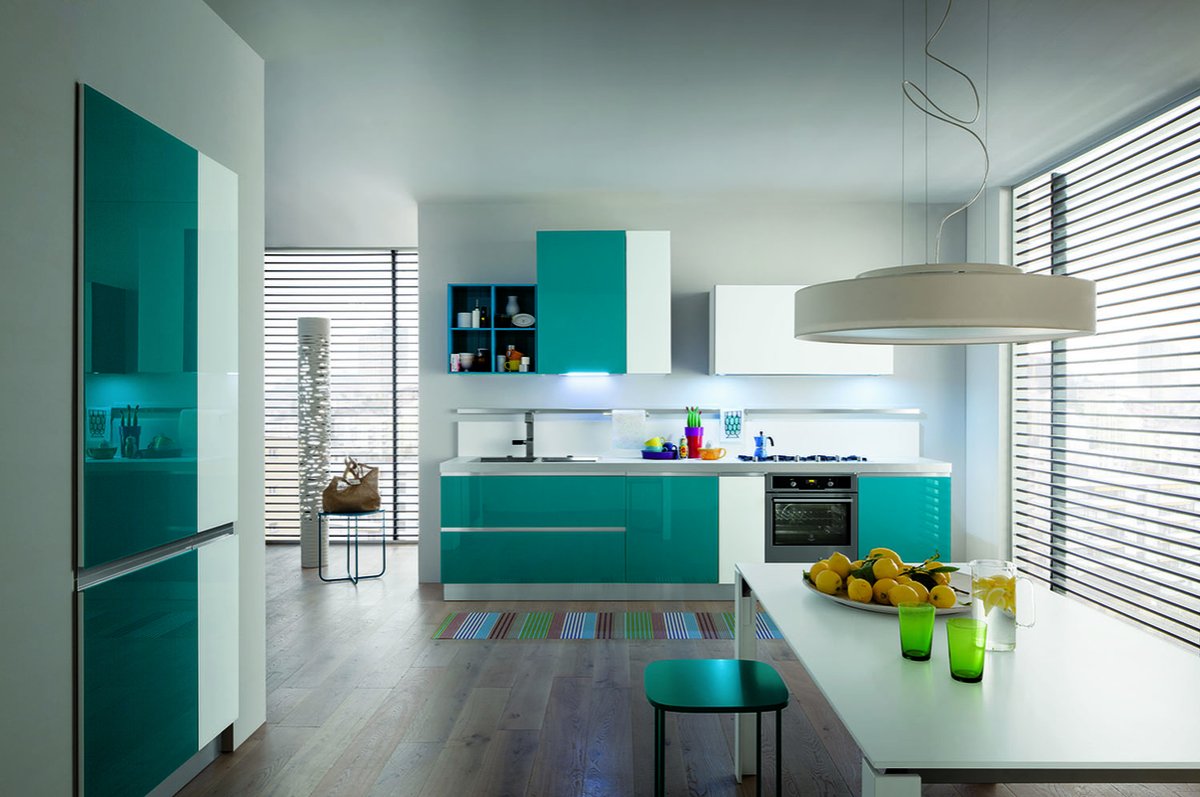 Серый пол бирюзовая кухня