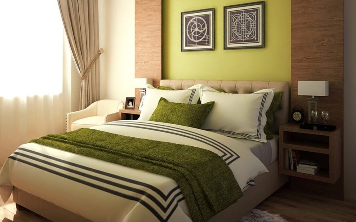 Спальня в оливково бежевых цветах