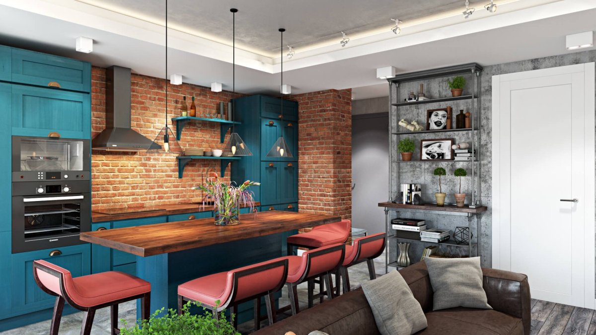 Изумрудная кухня лофт