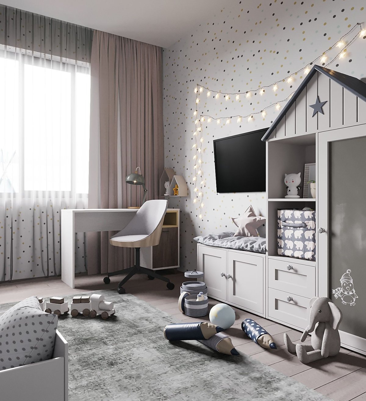 Подростковая комната в стиле лофт в серых тонах