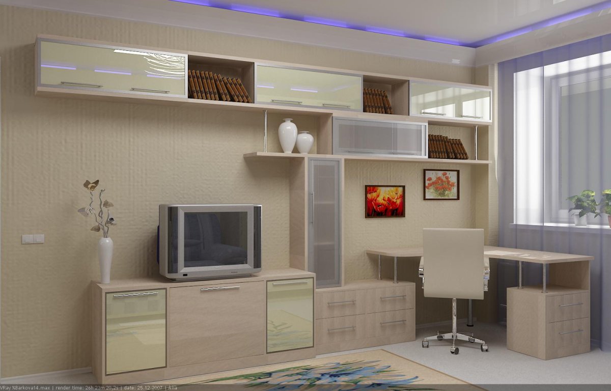 Стенка с компьютерным столом и телевизором в спальню